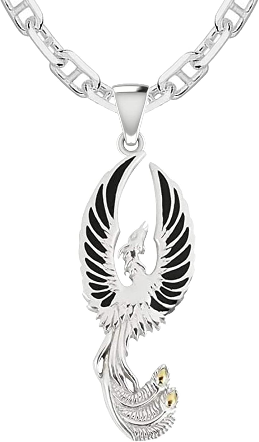 US Jewels Men's 925 Sterling Silver 47.5mm Flying Phoenix Pendant Necklace, 22in to 26in