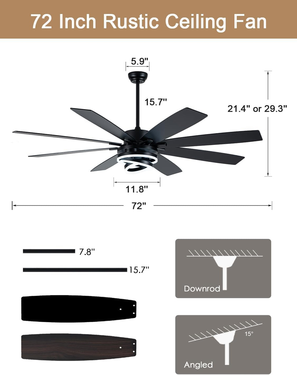 72 Inch Black Ceiling Fan with Lights and Remote Modern Fandelier Ceiling Fan Large Chandelier LED Light, Reversible Quiet DC Motor 3CCT Dimmable 6 Speed for Living Room Indoor Outdoor