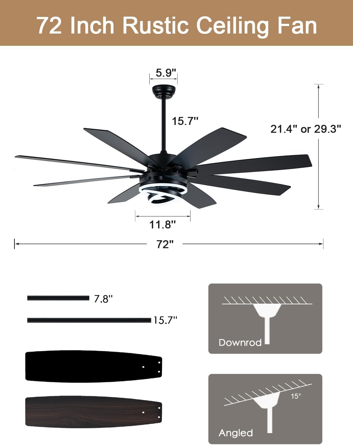 72 Inch Black Ceiling Fan with Lights and Remote Modern Fandelier Ceiling Fan Large Chandelier LED Light, Reversible Quiet DC Motor 3CCT Dimmable 6 Speed for Living Room Indoor Outdoor