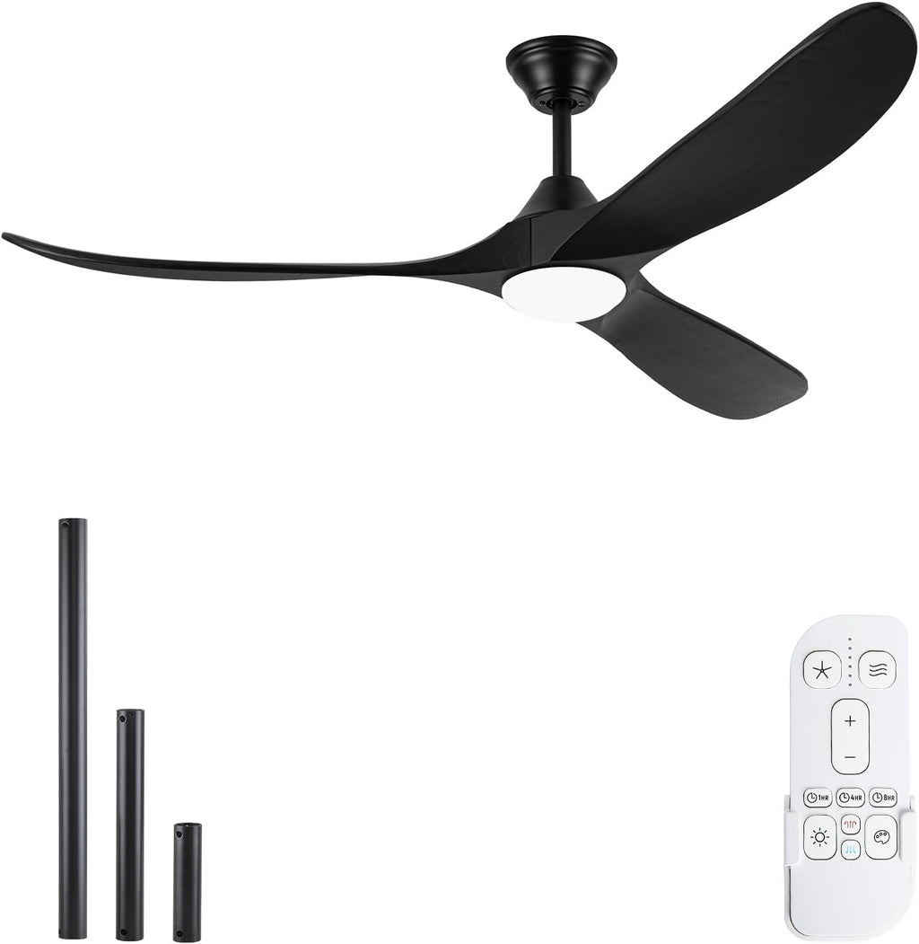 Black Modern Ceiling Fan with Light and Remote, 52 Inch 3 Blade Wood Propeller Ceiling Fan with Light Quiet Reversible Dc Motor, Indoor Outdoor Ceiling Fans for Patios Bedroom Farmhouse Gazebo