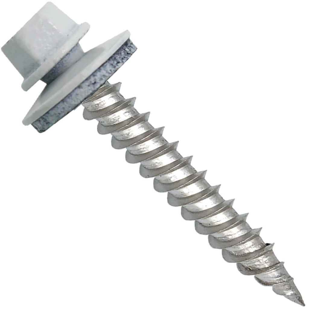 12 x 1-1/2' Brite White Stainless Steel Metal Roofing Screws - Hex Washer Head - Self-Piercing (SP) tip Metal to Wood siding Screws - 5/8' EPDM Washer. 1 x 250 Count Bag - 250 Screws