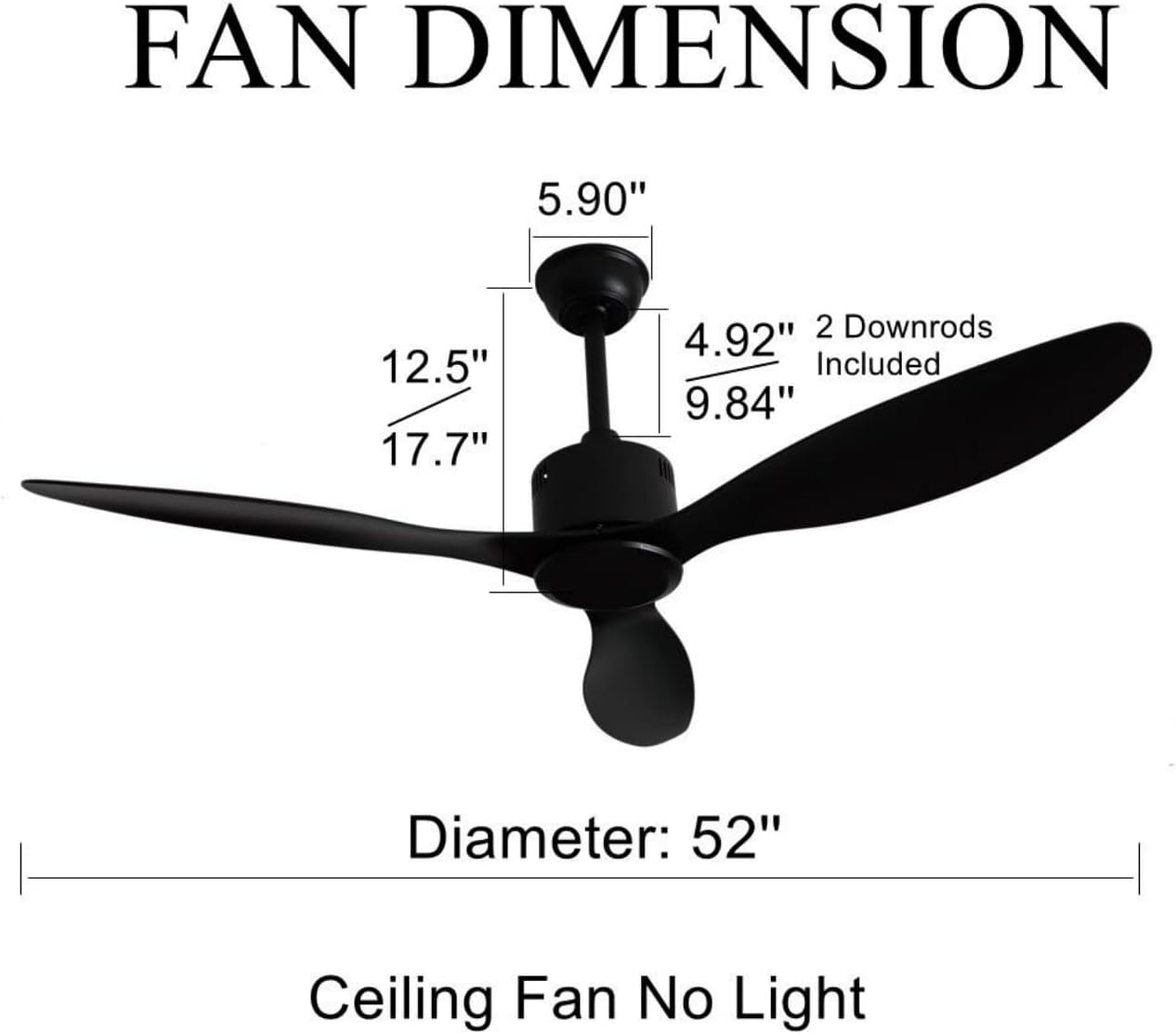 52-inch Ceiling Fan No Lights Remote Control, Low Profile 3 Blades, Energy Efficient Reversible DC Motor, Black