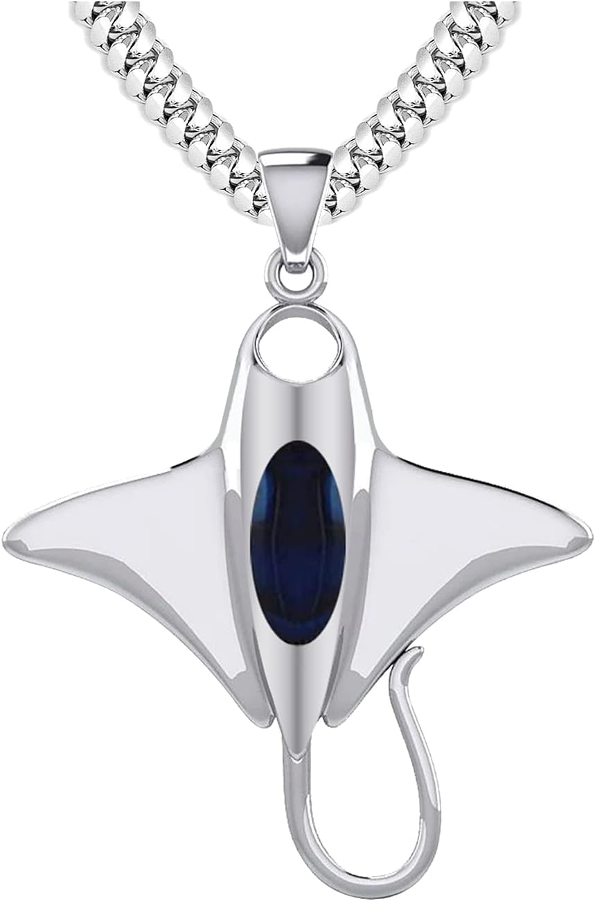US Jewels Men's 925 Sterling Silver 30.5mm 3D Manta or Sting Ray Aquatic Pendant Necklace, 18in to 24in