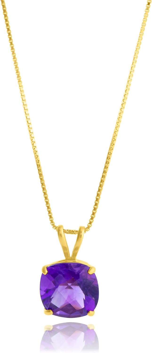 MAX + STONE Cushion Cut Gemstone Necklace | 8mm Solitaire Birthstone Necklace for Women | Gemstone Pendant Necklaces with 18 inch Box Chain