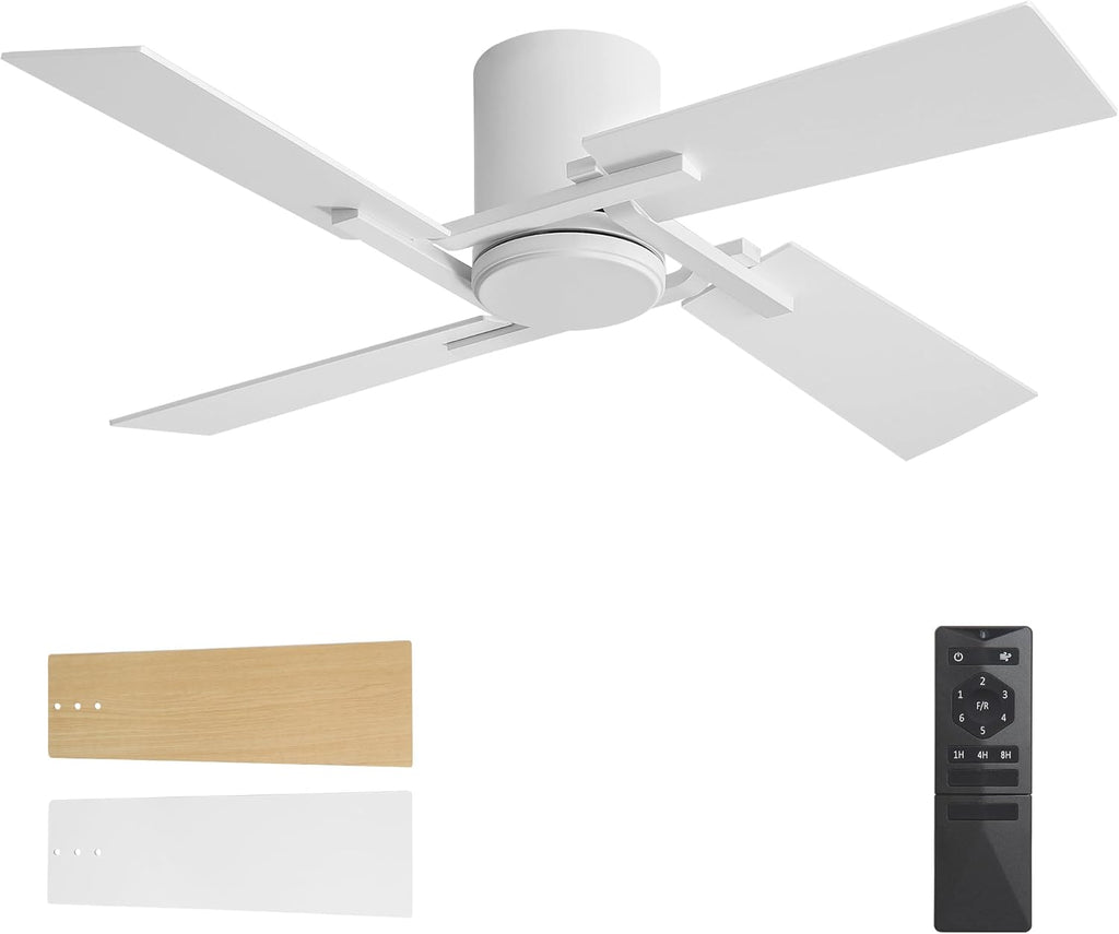 WINGBO 48 Inch Flush Mount Ceiling Fan without Light - 4 Plywood Blades, 6-Speed Reversible DC Motor, Noiseless Low Profile Ceiling Fan No Light for Bedroom Living Room, White and Oak/White