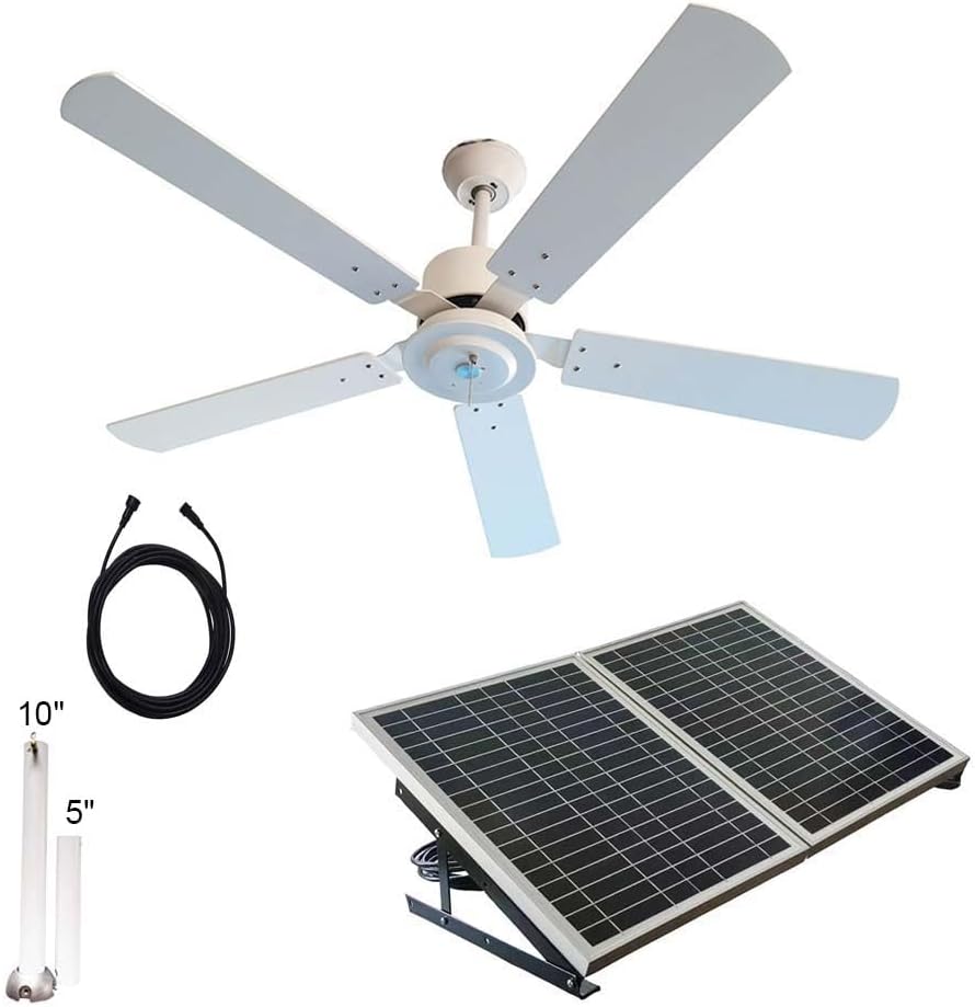 Outdoor 52' solar ceiling fan with white wooden blades total 40W solar panel for porches, patios, gazebos, breezeways (extra cable version ceiling fan, 5&10 inch downrod)