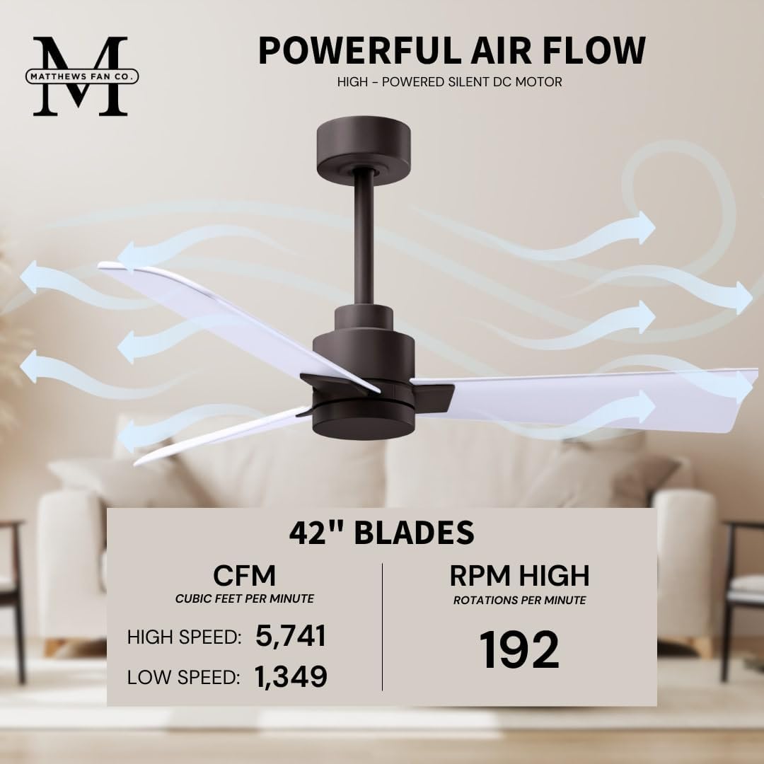 Matthews AK-BK-MWH-42 Alessandra Wet Rated 42' Outdoor Ceiling Fan without Light, Remote Included, Silent DC Motor, Matte Black with Matte White