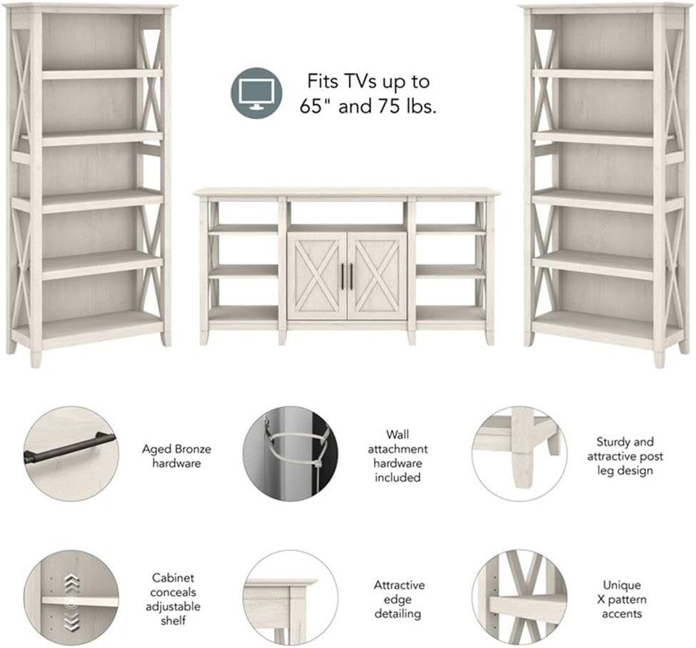 Bush Furniture Key West Tall TV Stand with Set of 2 Bookcases, Farmhouse Entertainment Center for 65 Inch Television, 17D x 60W x 66H, Linen White Oak