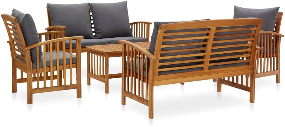 5 Piece Patio Furniture Sofa Set with Cushions, Outdoor Solid Acacia Wood Patio Conversation Table Chair Set for Garden, Backyard, Poolside,-518