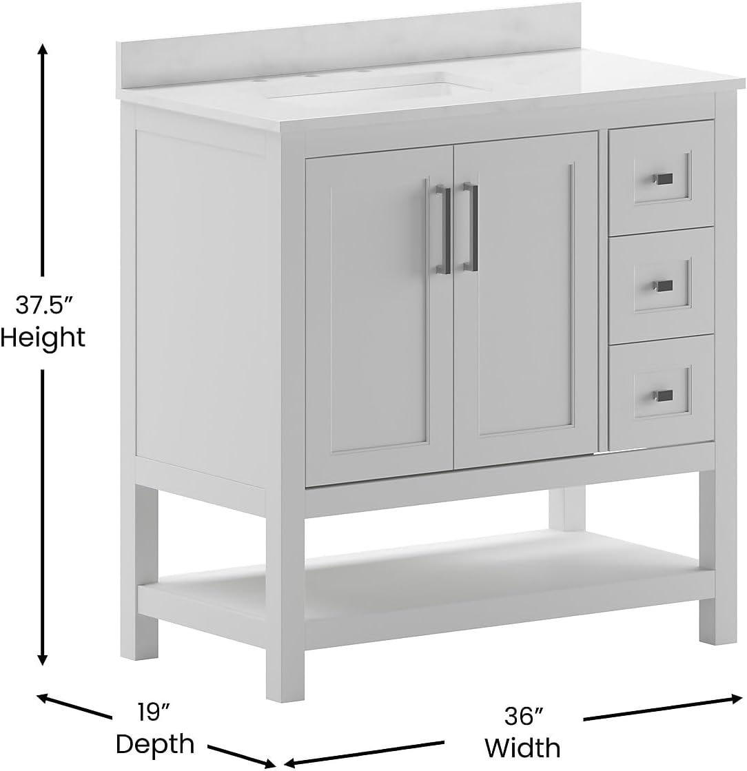 Flash Furniture Vega 36 Inch Bathroom Vanity with Sink, Storage Cabinet with Soft Close Doors, Open Shelf and 3 Drawers, Carrara Marble Finish Countertop, White/White