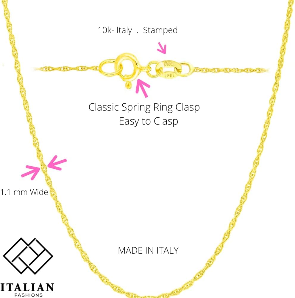 Italian Fashions 14K, 10K Yellow or White or Rose Solid Gold Italian Diamond Cut 0.8 mm-1.2 mm Rope and Mirror Cable Chain Necklace Thin & Strong gold chain Thin And Lightweight MADE IN ITALY