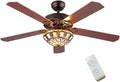 TFCFL 52' Ceiling Fan with Light, Tiffany Style Retro Stained Glass Chandelier Fan with Controller 4 Reversible Wood Blades 3-Speed (Black)