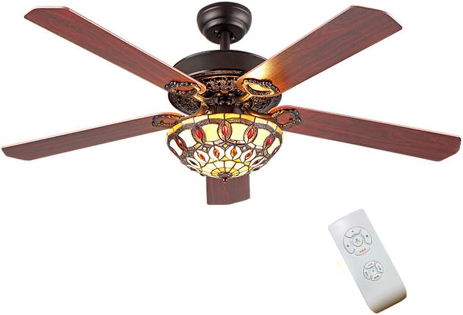 TFCFL 52' Ceiling Fan with Light, Tiffany Style Retro Stained Glass Chandelier Fan with Controller 4 Reversible Wood Blades 3-Speed (Black)