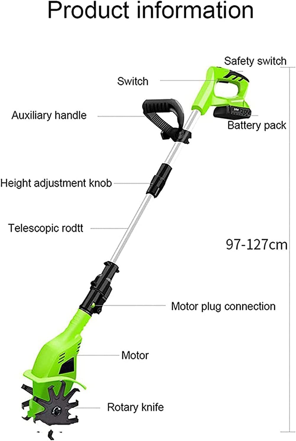 LXXW Electric Tiller 20V Cordless Handheld Electric Rototiller, 97-127Cm Adjustable Handle, Tillage Depth 25cm Electric Cultivator