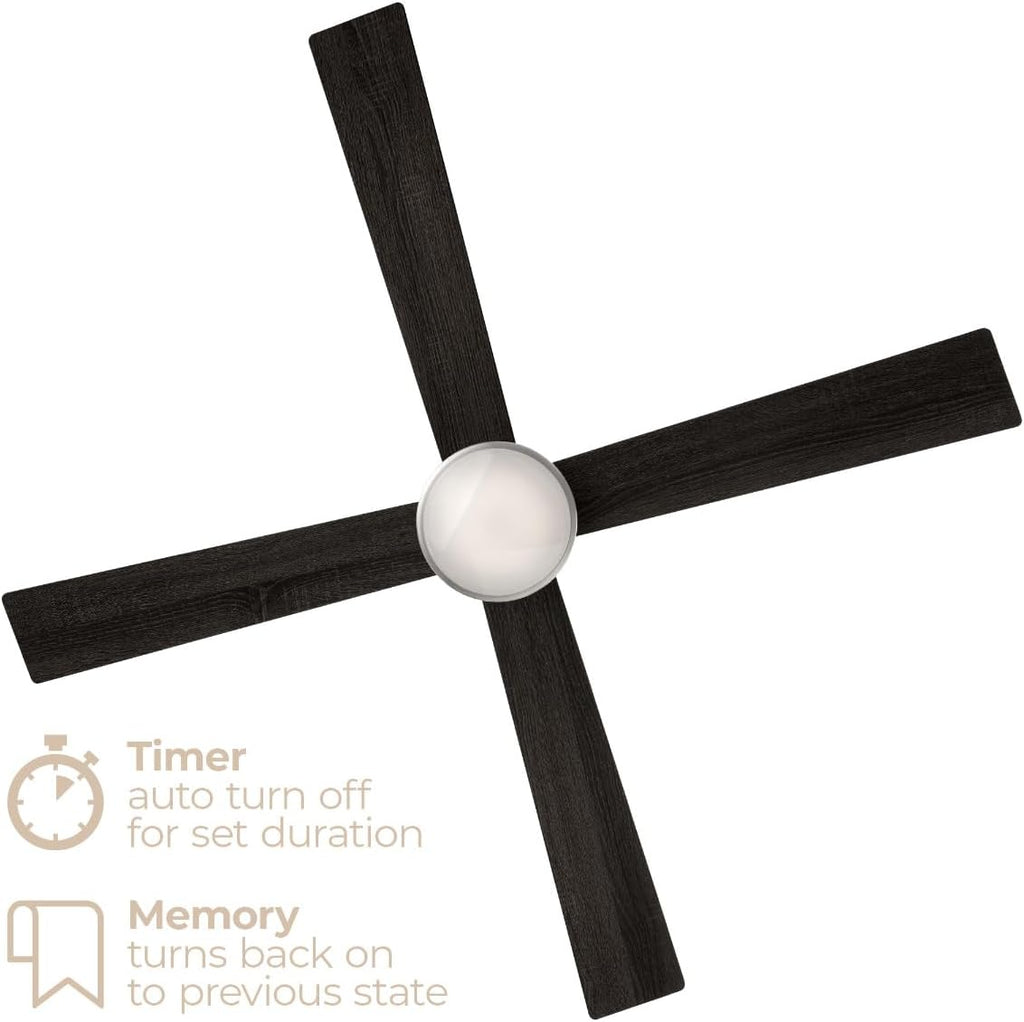 Santorini 4-Blade 52in Smart Indoor or Outdoor Ceiling Fan 2700K-6000K CCT Tunable Range LED Light Kit in Brushed Nickel with Reversible Black and Weathered Wood Blades Works With iOS or Android App