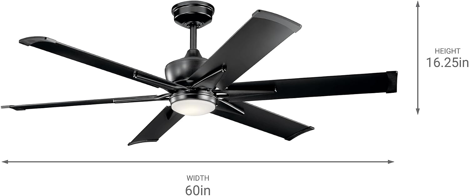 Kichler Szeplo 60 in Outdoor Ceiling Fan with Light, 6 Blade Wet Rated DC Motor Fan with LED Lighting in Satin Black for Patio, Porch, Gazebo, 300300SBK