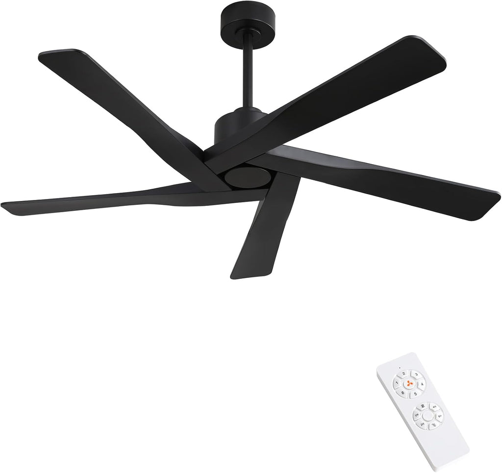 WINGBO 54' ABS DC Ceiling Fan No Light, 5 Blade ABS Plastic Ceiling Fan with Remote, 6-Speed Reversible DC Motor, Ceiling Fans without Light for Kitchen Bedroom Living Room, Matte Black