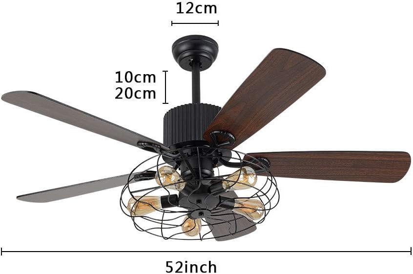 52 Inch Black Ceiling Fan with LED Light and Remote Control,Creative Design Chandelier Fan Light with 5 Wood Reversible Blades Black Metal Lampshades,Quiet Motor