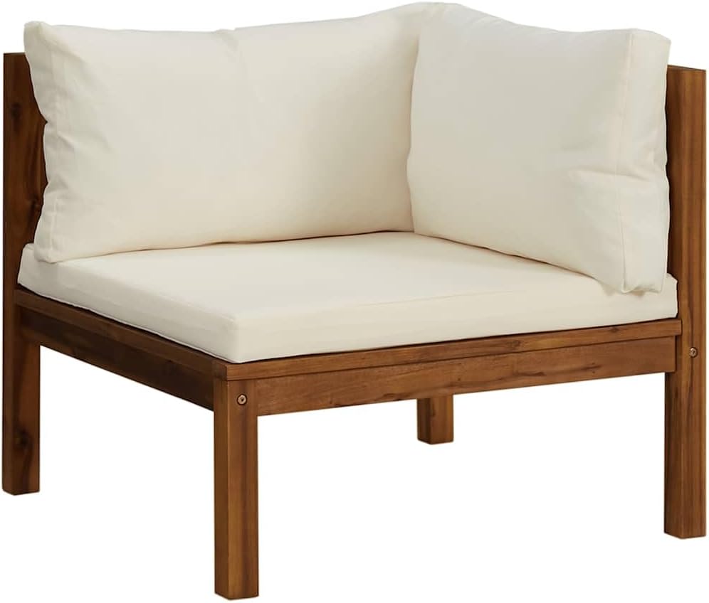 2 pcs Corner Sofas with Cream White Cushions, Solid Acacia Wood Outdoor & Indoor Garden Corner Chair with Sofa Cushion, Outdoor Conversation Set Sectional Sofa,-592