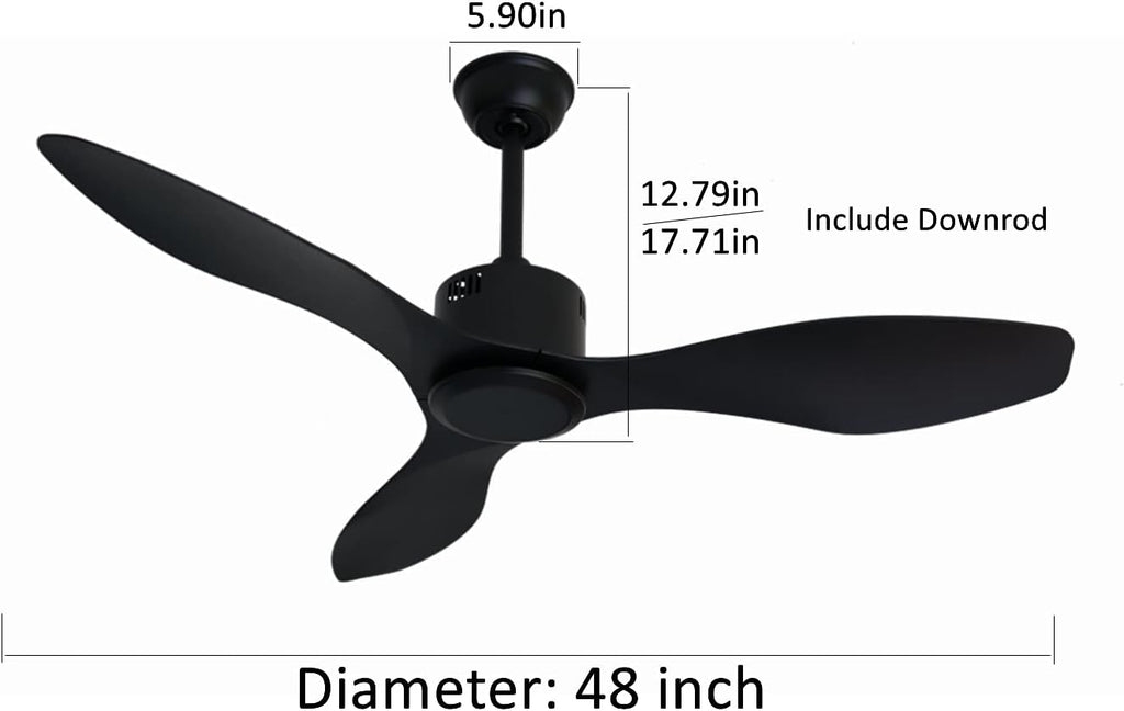 48 inch Ceiling Fan No Lights Remote Control 3 Blades Reversible DC Motor, Modern, Black