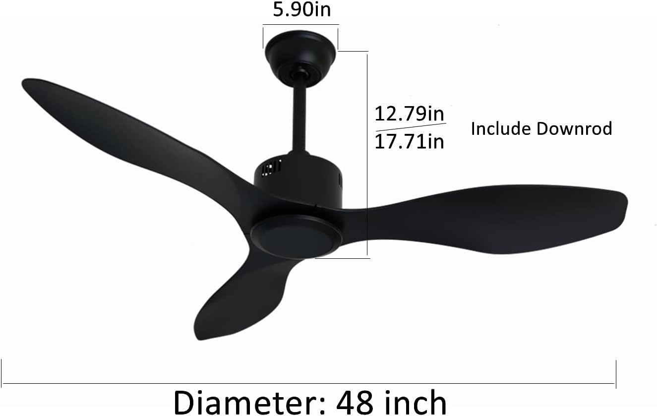 48 inch Ceiling Fan No Lights Remote Control 3 Blades Reversible DC Motor, Modern, Black