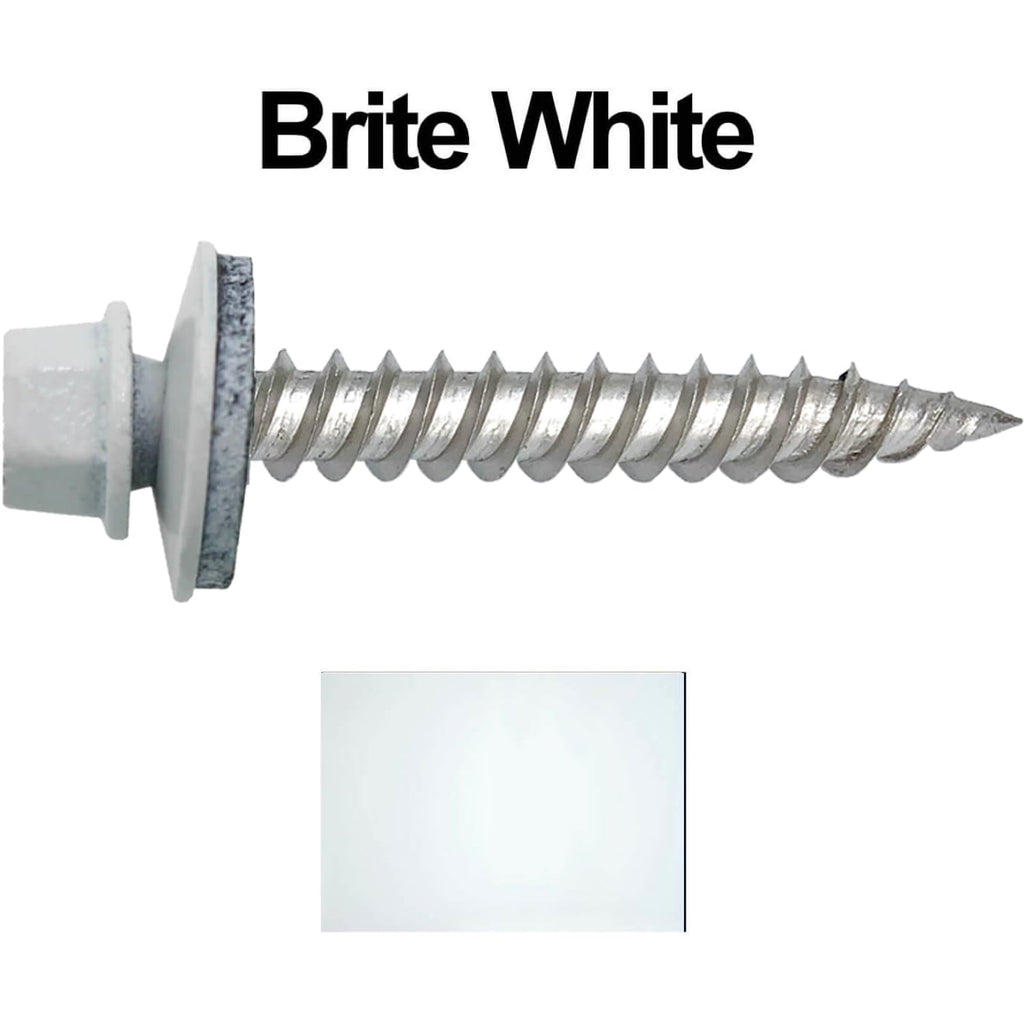 12 x 1-1/2' Brite White Stainless Steel Metal to Wood Roofing Screws - Hex Washer Head - Self-Piercing (SP) tip - 5/8' EPDM Washer. 6 X 250 Bags - 1,500 Screws
