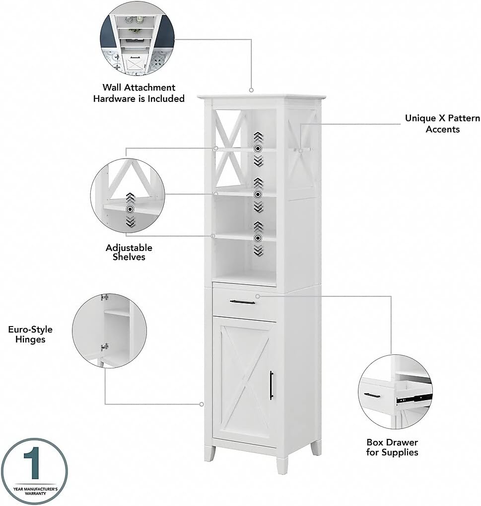 Bush Home Key West 64W Double Vanity Set with Sinks, Medicine Cabinets and Linen Tower in White Ash