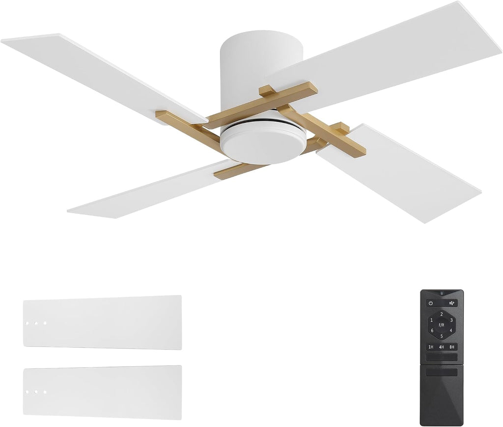 WINGBO 48 Inch Flush Mount Ceiling Fan without Light - 4 Plywood Blades, 6-Speed Reversible DC Motor, Noiseless Low Profile Ceiling Fan No Light for Bedroom Living Room, Gold and White