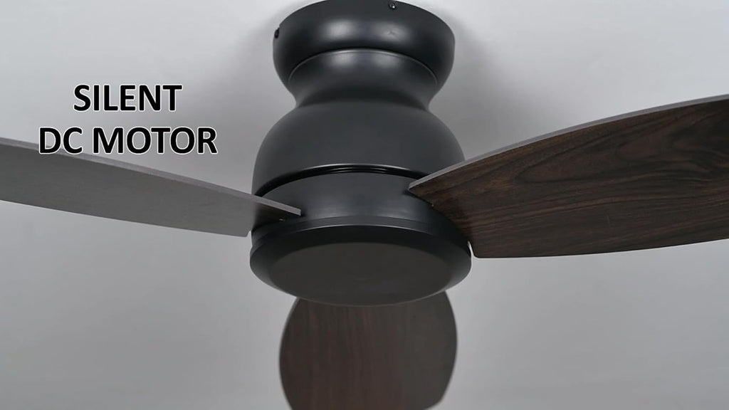 Carro 44 Inch Flush Mount Ceiling Fan without Lights, Black Ceiling Fan with Remote Low Profile, 10-Speed Reversible DC Motor, 3 Dark Walnut Finish Blades, Indoor for Bedroom