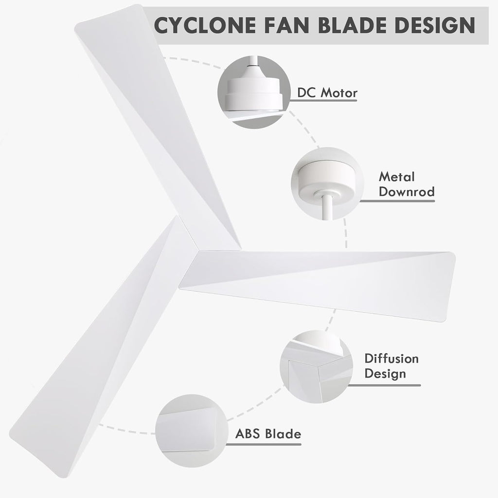 WINGBO 52' DC Ceiling Fan without Lights, White Ceiling Fan with Remote, 3 ABS Plastic Blades, 6 Speed Reversible DC Motor, Ceiling Fans No Light for Kitchen Bedroom Living Room