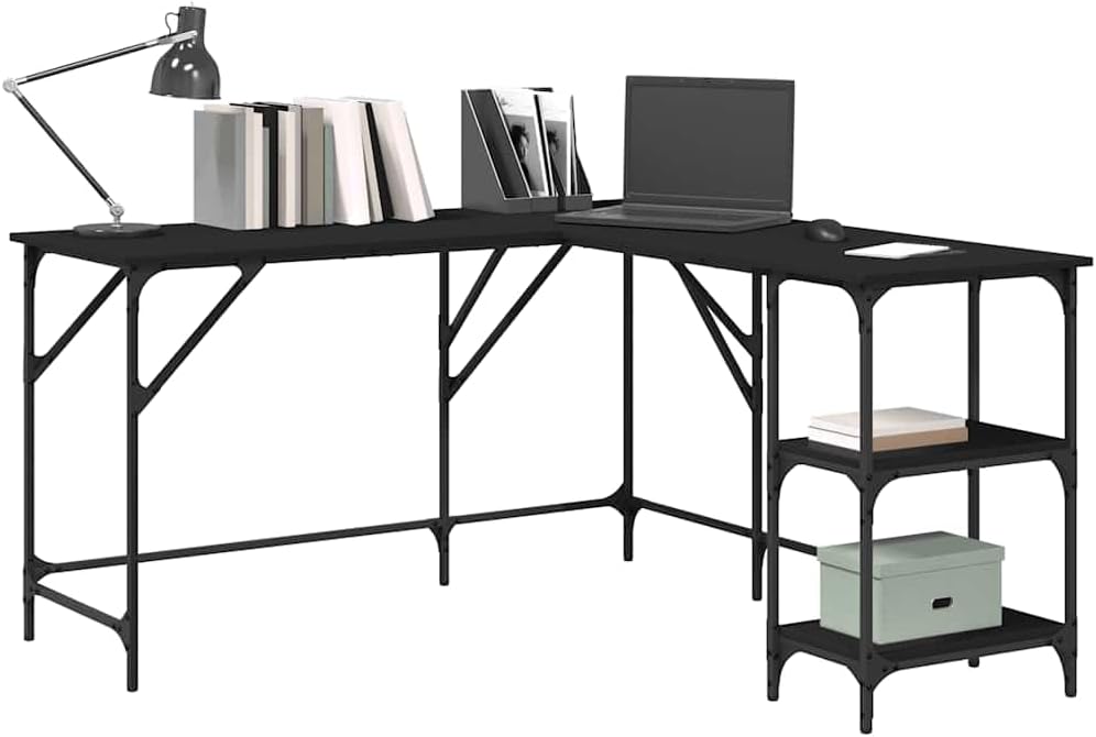 L Shaped Computer Desk with Shelves, Corner Desk L-Shaped Desk PC Desks, PC Work Table for Home Office, Black 54.7'x54.7'x29.5' Engineered Wood,-330