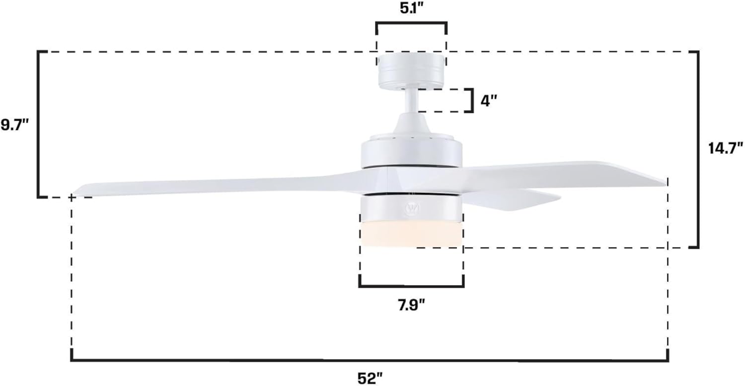 Westinghouse Lighting Alta Vista Contemporary Indoor/Outdoor Ceiling Fan, Dimmable LED Light Fixture with Opal Frosted Glass, Remote Control, 52 Inch, Matte White Finish, DC Motor