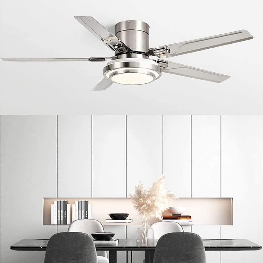 Modern Large Stainless Steel Ceiling-Mounted Fan Light Indoor Lighting Low Profile 42 Inch Ceiling Fan Lamp 6-Speed Dimmable Outdoor Ceiling Fans for Restaurant Living Room Patios