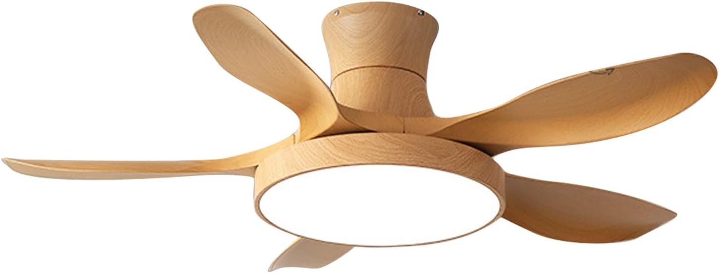 Imitation wood Ceiling Fan with Light and Remote Control, Indoor Outdoor Wooden 5 Blades Ceiling Fan, 6 Speeds Smart Timing Reversible DC Motor, for Patio Living Room, Bedroom, Office(28cm/11in)