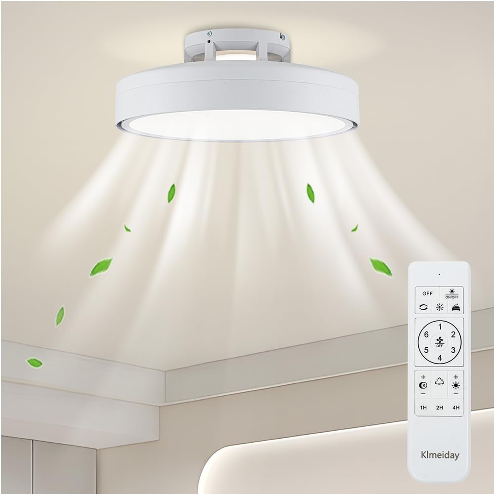 Ceiling Fans with Lights and Remote, Flush Mount Modern Bladeless Ceiling Fan with Light, 6 Speeds, Stepless dimming and CCT 3000K-6000K LED Lights for Bedroom, Study Room (White, 17.7″)