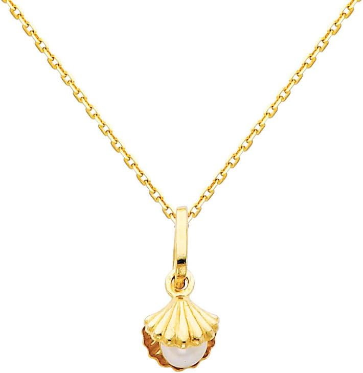 The World Jewelry Center 14k Yellow Gold Shell with Freshwater Cultured Pearl Pendant with 0.9mm Cable Chain Necklace