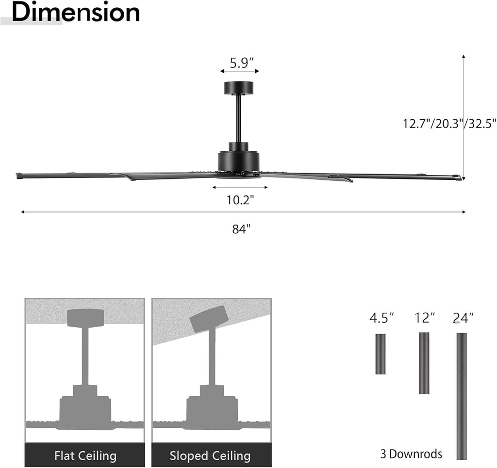 LEDLUX 84' Ceiling Fan No Light, Reversible DC Motor, 6 Speed Remote Control, Industrial 8 Aluminum Blades with 3 Downrods for Home or Commercial, Living Room/Warehouse Black