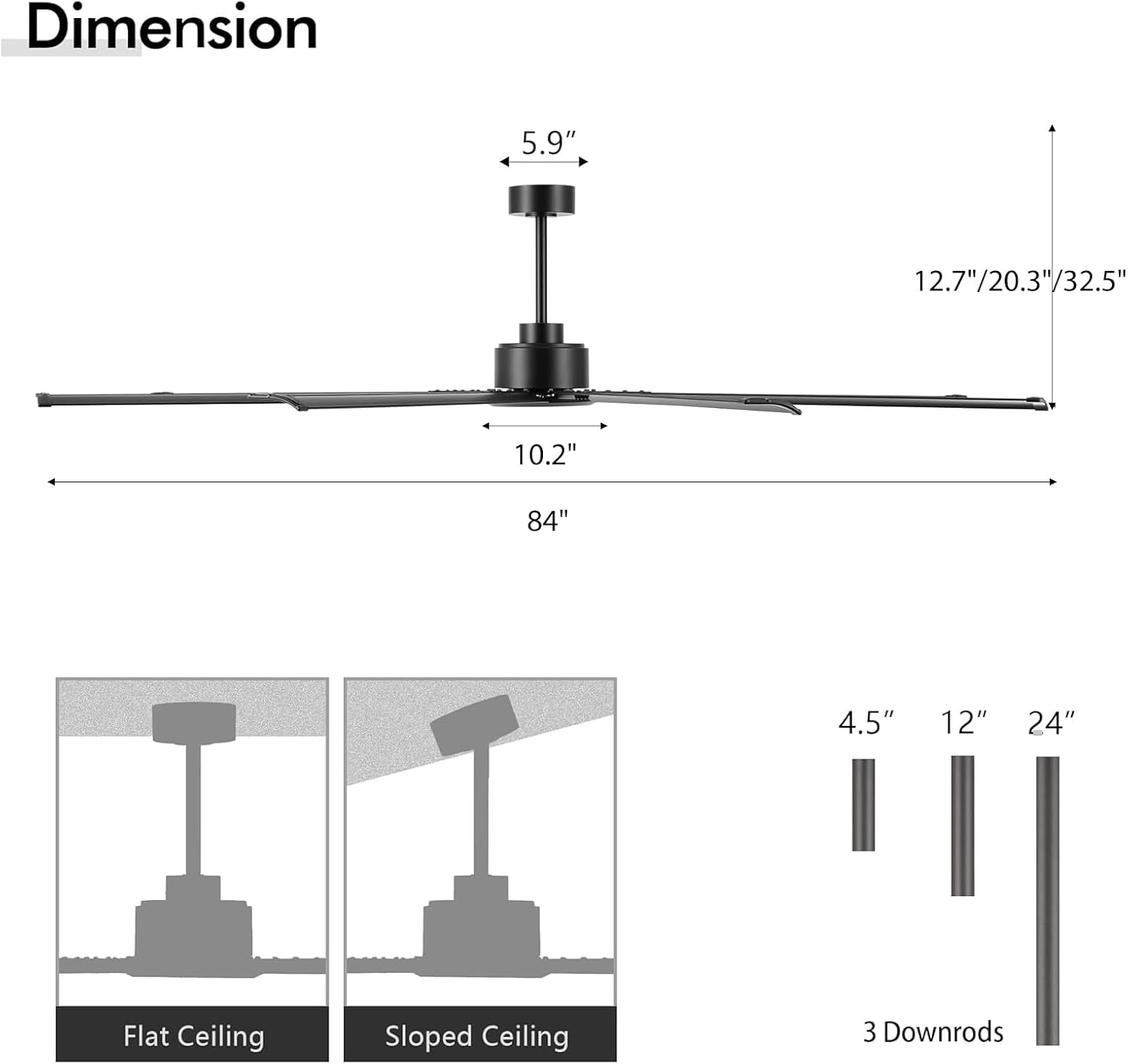 LEDLUX 84' Ceiling Fan No Light, Reversible DC Motor, 6 Speed Remote Control, Industrial 8 Aluminum Blades with 3 Downrods for Home or Commercial, Living Room/Warehouse Black