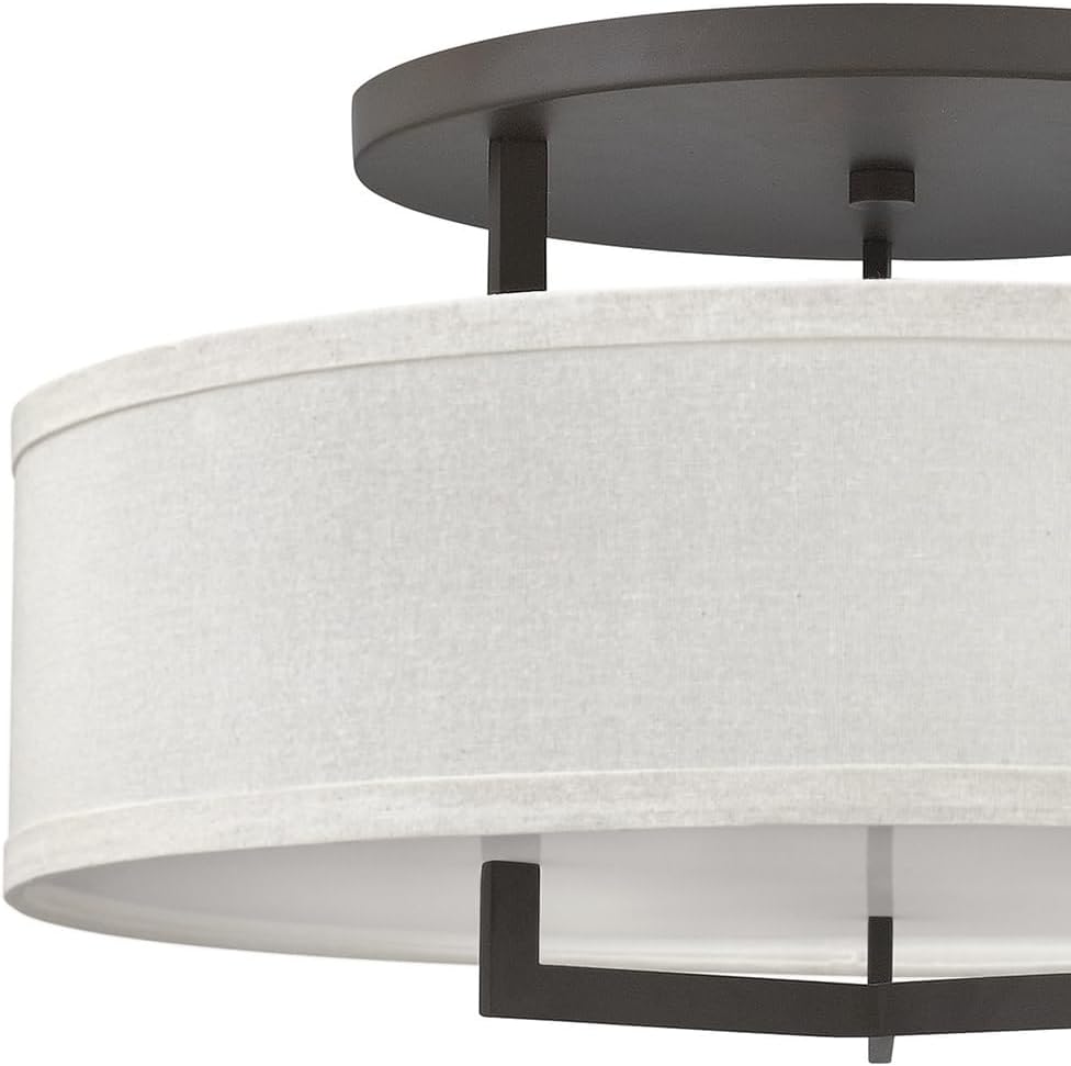 Hinkley Hampton Semi-Flush Three Light 26-in Dia. Ceiling Mount, Off-White Linen Drum Shade, Acrylic Diffuser, Buckeye Bronze Finish