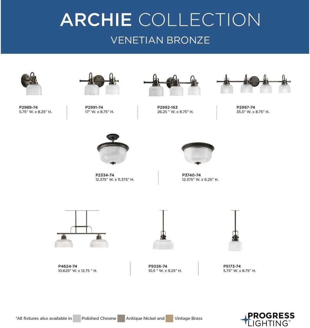 Progress Lighting 2-Light 12-3/8' Close-to-Ceiling, Archie Collection, Indoor, P3740-74, Venetian Bronze