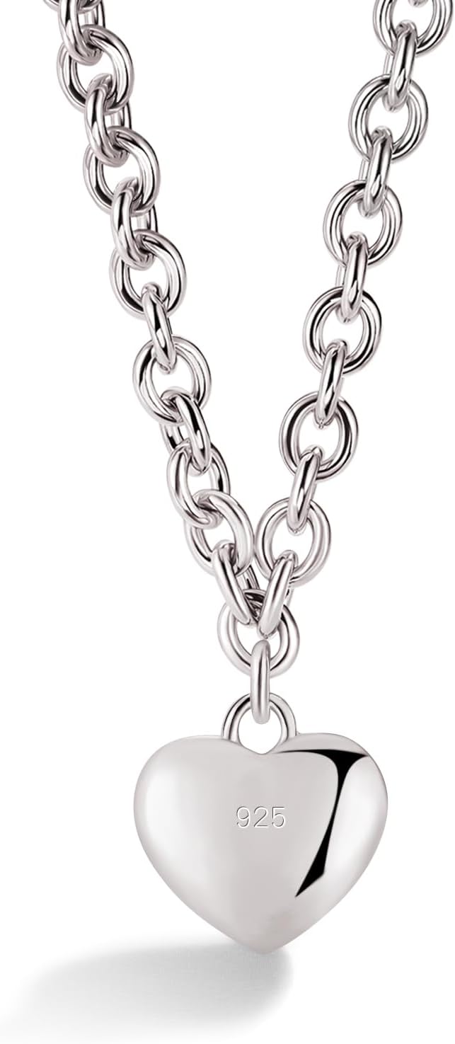 Dankadi Women 925 Sterling Silver Necklace Round Cable Wire Link-Charm Heart-Bell-Square-Circle Pendant Chain Choker Fine Jewelry Gift For Wife Her (6MM Silver Heart Pendant, 18 inch)