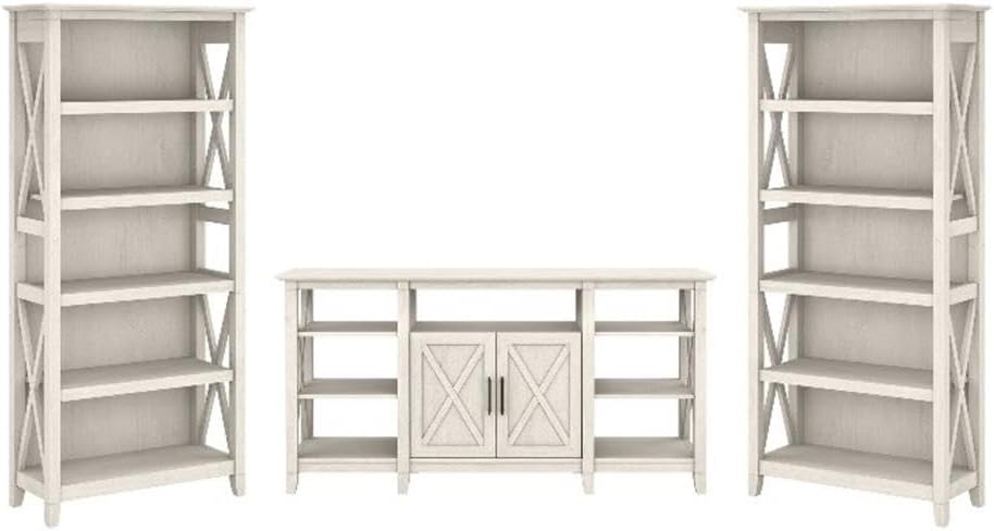 Bush Furniture Key West Tall TV Stand with Set of 2 Bookcases, Farmhouse Entertainment Center for 65 Inch Television, 17D x 60W x 66H, Linen White Oak