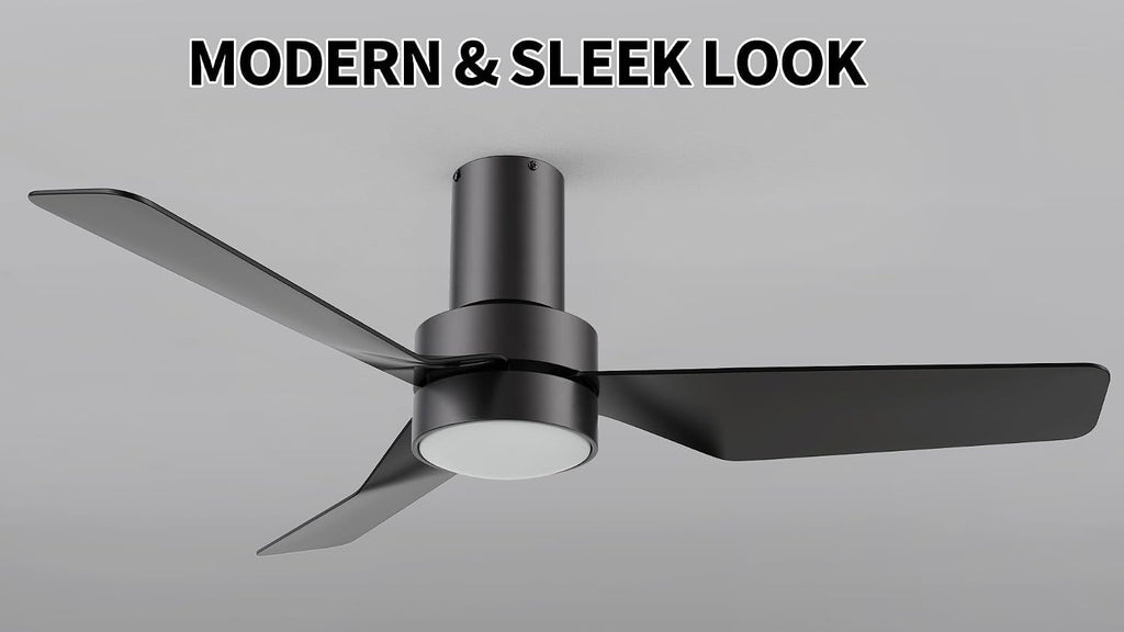 CEME 44-Inch Low Profile Ceiling Fan with Light and Remote, Small Flush Mount Ceiling Fan with 10-speed DC Motor, Indoor & Outdoor for Bedroom, Living room, Black