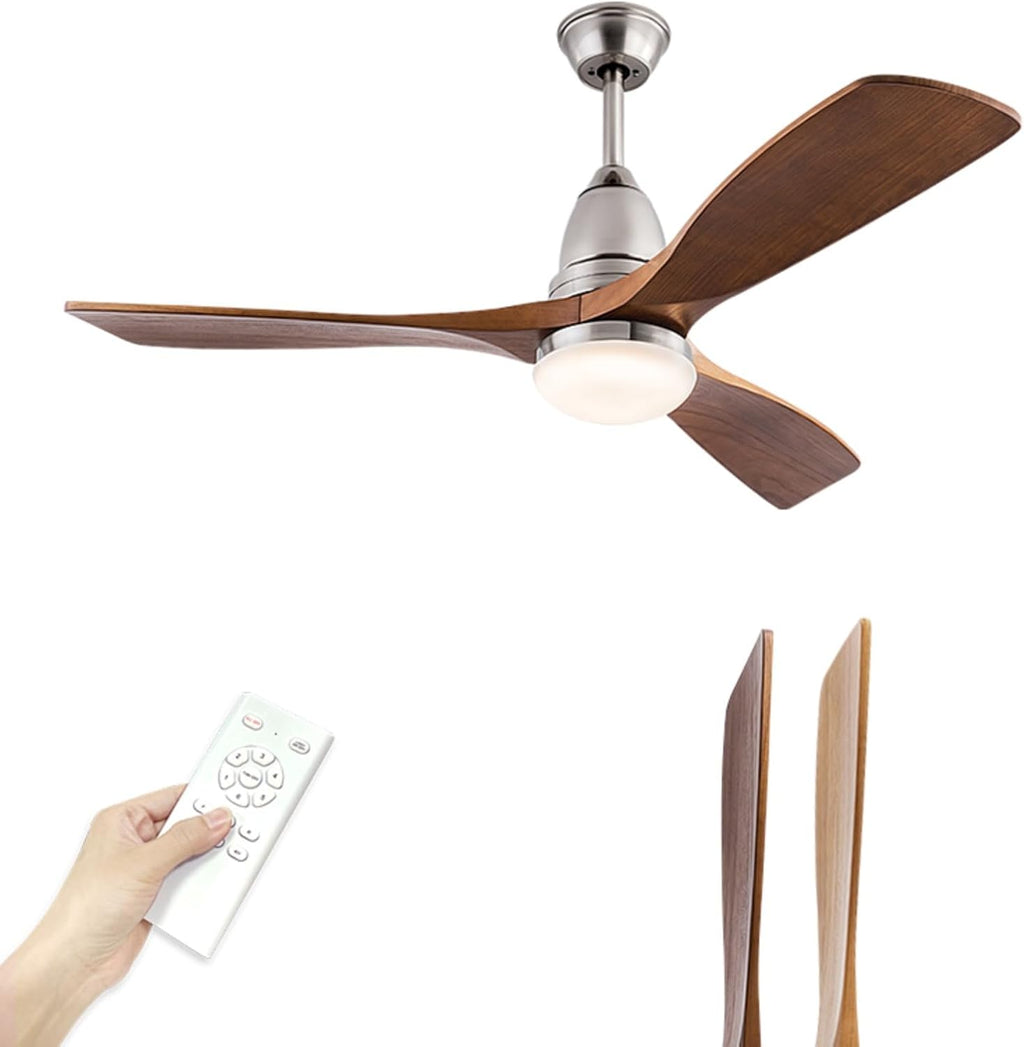 Solid Wood Ceiling Fan with Lights Modern Indoor Outdoor Ceiling Fan with Remote Control 6 Speed Quiet Reversible DC Motor 3 Color LED Light 3 Blade Walnut Ceiling Fan for Patio Living Room (42inch)