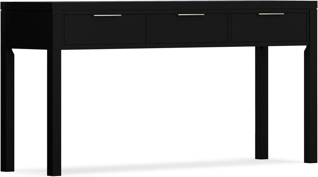 SIMPLIHOME Hollander Console Table - 60 Inch Wide Solid Wood Sofa Table in Black, Contemporary Storage Table for Entryway or Living Room with 3 Drawers and Sleek Metal Hardware
