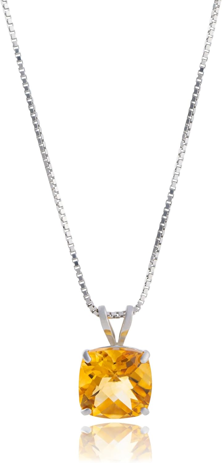 MAX + STONE Cushion Cut Gemstone Necklace | 8mm Solitaire Birthstone Necklace for Women | Gemstone Pendant Necklaces with 18 inch Box Chain