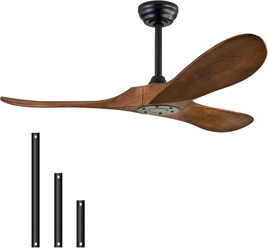52-inch Ceiling Fan Without Light, with Remote Control, Reversible DC Motor, with 3 Solid Wood Blades, for Patio, Living Room, Bedroom, Farmhouse (Black + Walnut)