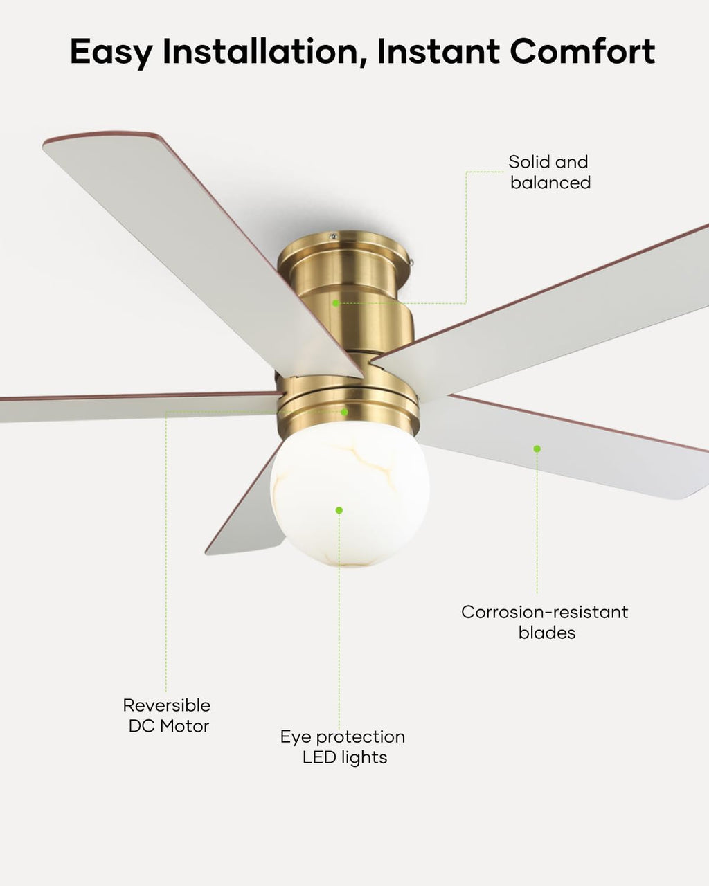 52' Low Profile Ceiling Fan with Light, Modern Flush Mount Brushed Gold Ceiling Fan Remote, Dimmable LED 3 Color Temp, Quiet Reversible DC Motor, Dual-Finish White/Walnut Blades