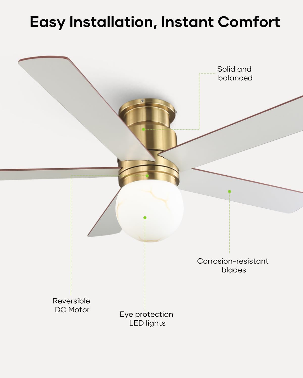 52' Low Profile Ceiling Fan with Light, Modern Flush Mount Brushed Gold Ceiling Fan Remote, Dimmable LED 3 Color Temp, Quiet Reversible DC Motor, Dual-Finish White/Walnut Blades