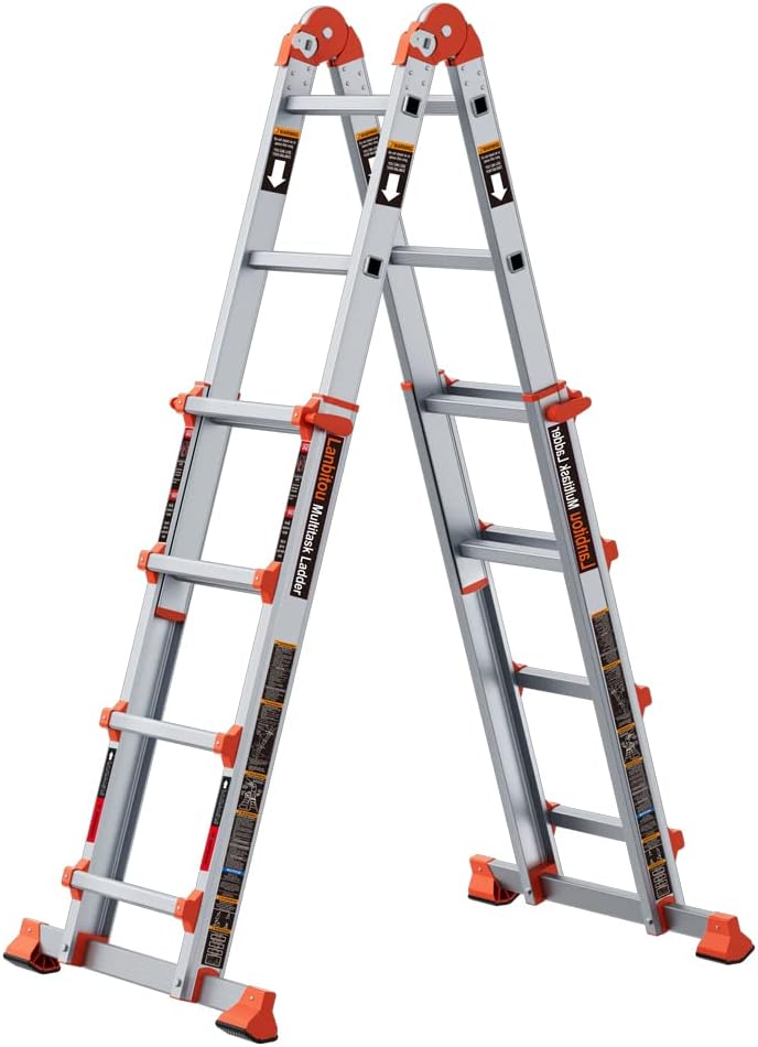 LANBITOU Ladder, A Frame 4 Step Ladder Extension, 14 FT Anti-Slip Multi Position & Storage Folding Ladder, 330 lbs Security Load Telescoping Aluminum Ladders for Stairs Home Indoor Outdoor Roof